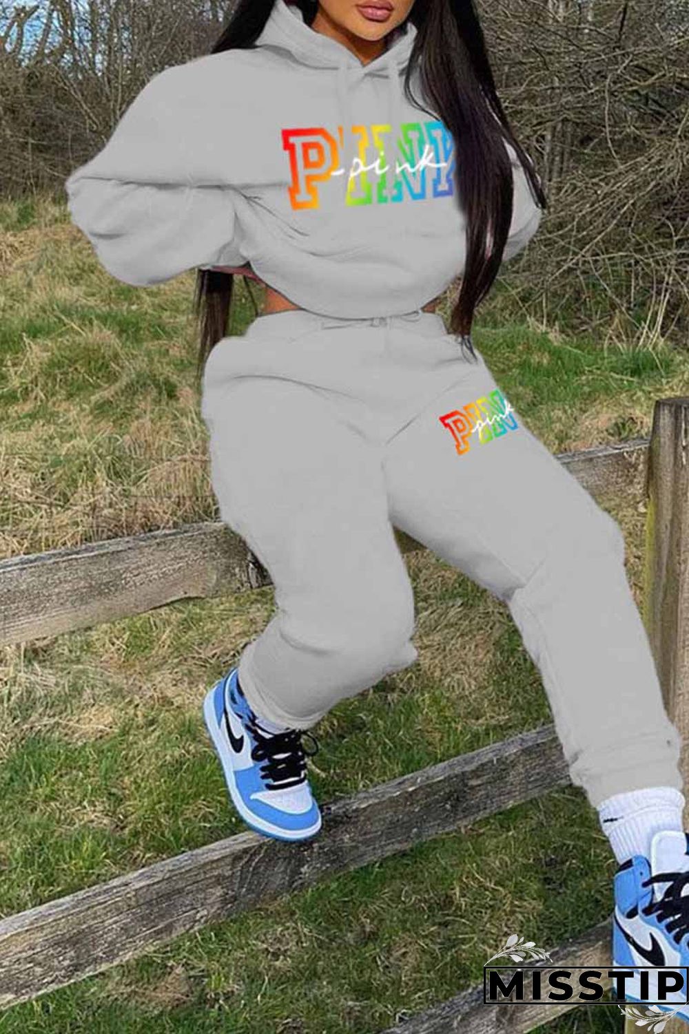 Pink Casual Print Letter Hooded Collar Long Sleeve Two Pieces