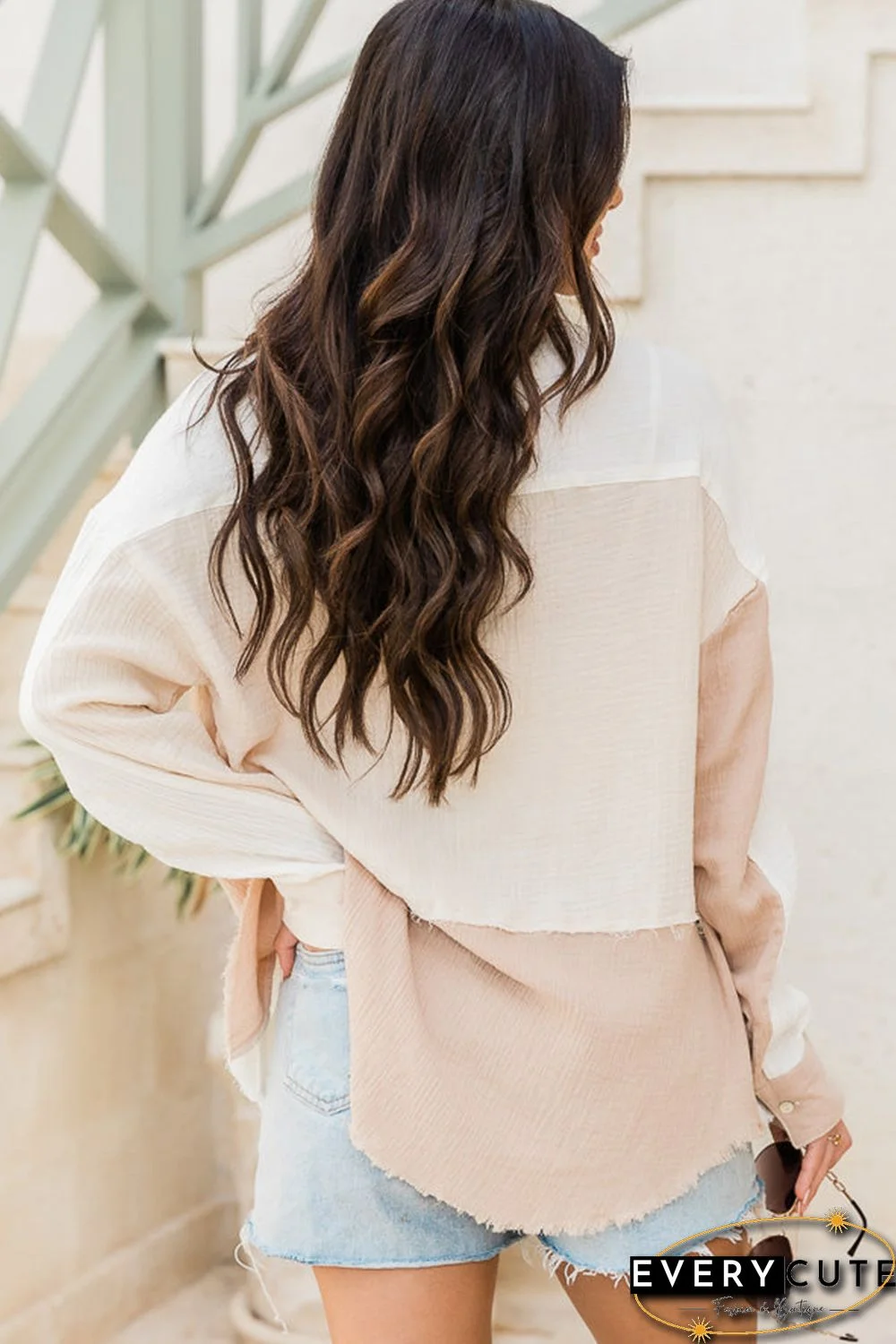 Khaki Color Block Buttoned Raw Hem Textured Shirt