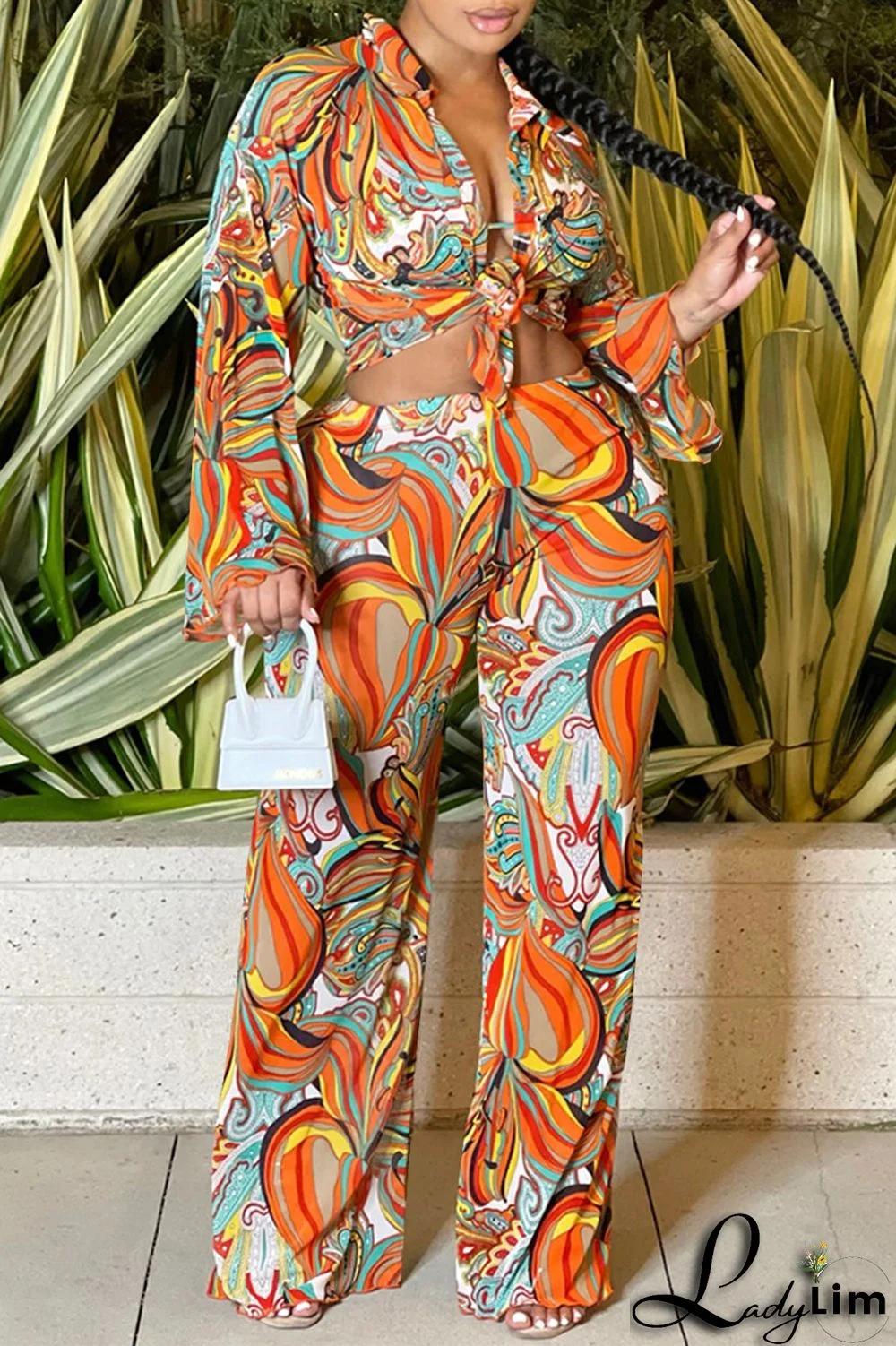 Orange Fashion Casual Print Basic Turndown Collar Long Sleeve Three-piece Set