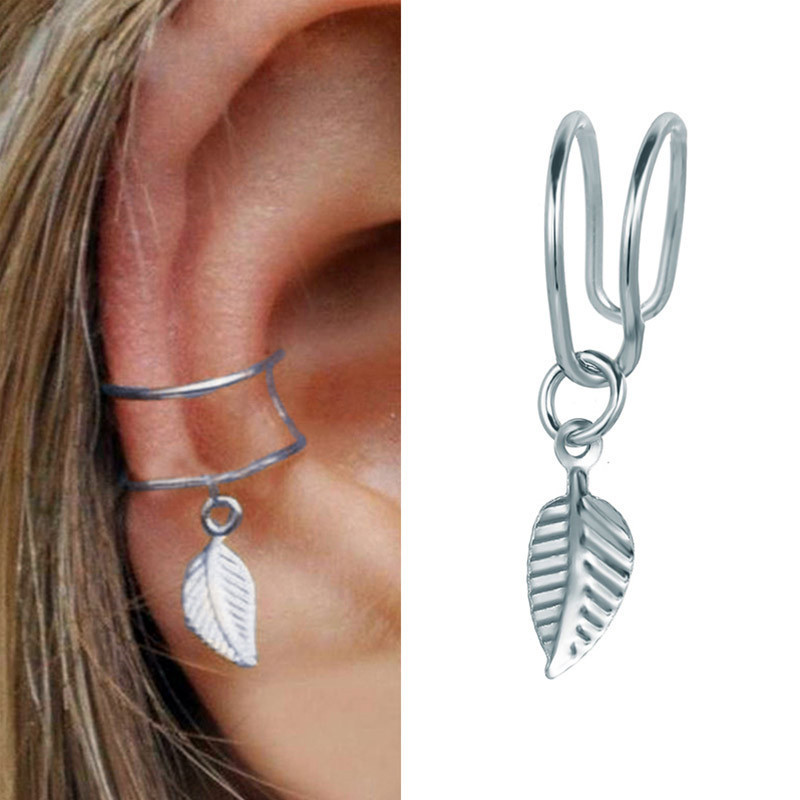 Silver Color Leaves Clip Earrings for Women Men Creative Simple C Ear Cuff Non-Piercing Ear Ear Clip Set Trend Jewelry Gift