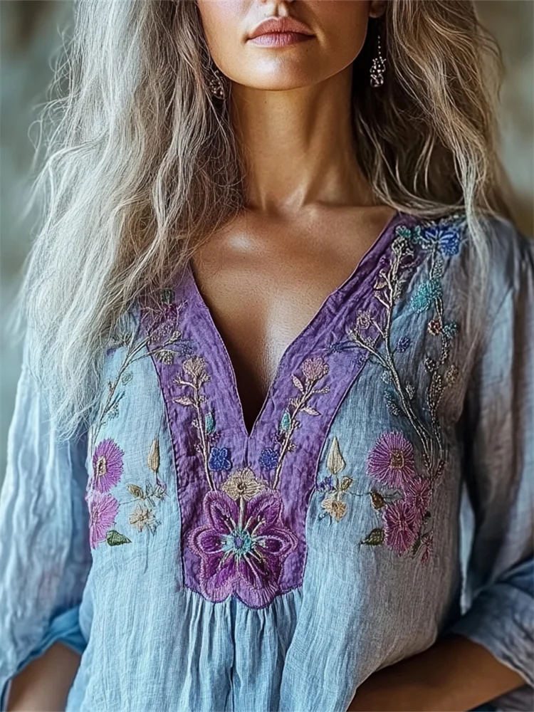 VChics Boho Purple Floral Embroidered Contrast Linen Shirt