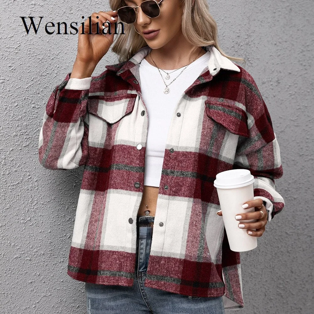 Autumn Plaid Shirts Oversize Checkered Jacket Women Loose Style Outerwear Fashion Streetwear  Long Sleeves Thick Shirt Jacket