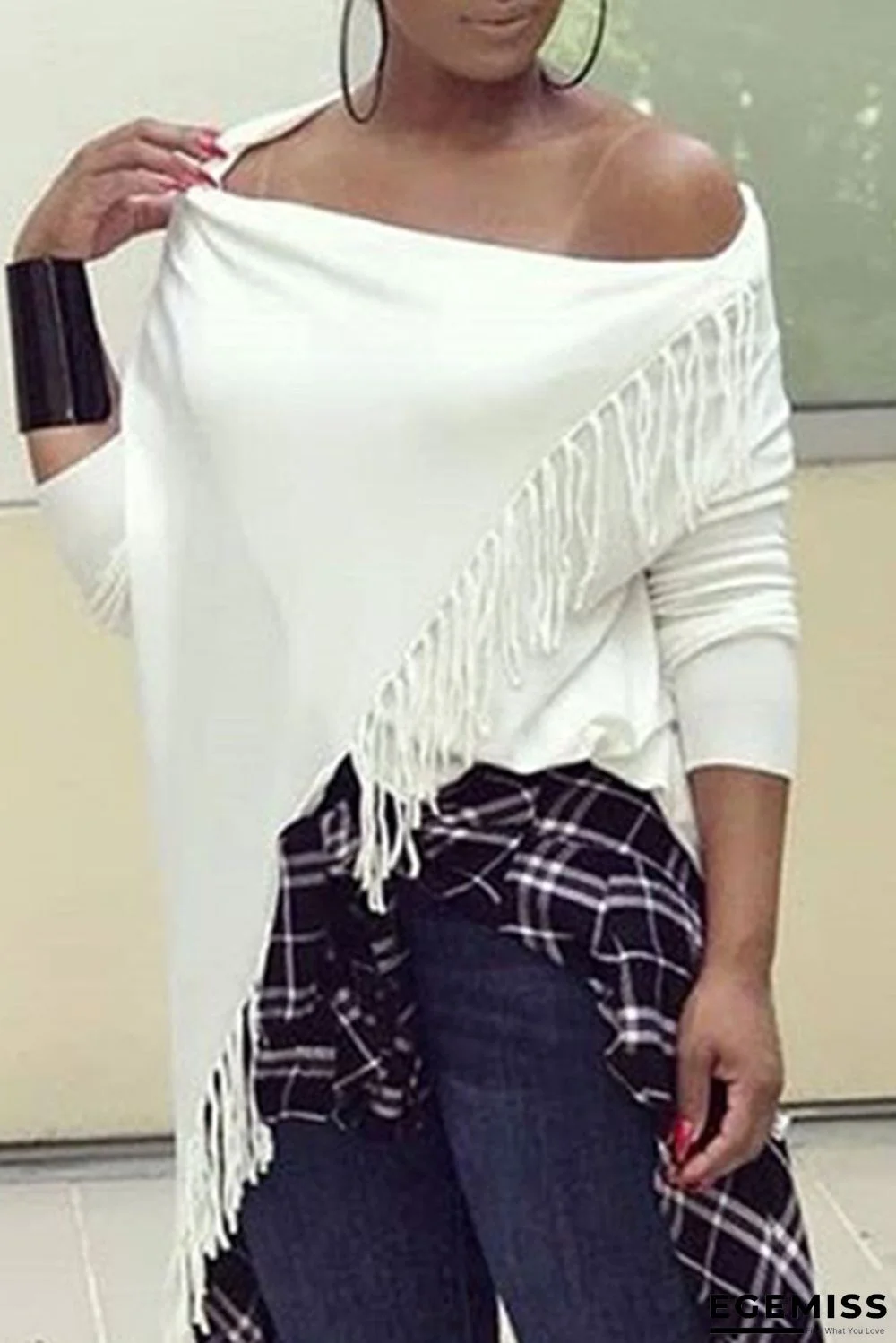 White Fashion Casual Solid Tassel Asymmetrical Oblique Collar Tops | EGEMISS
