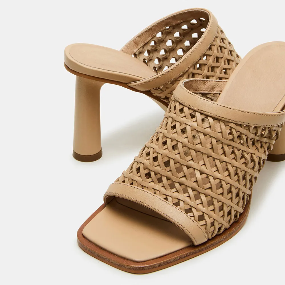 Nude Vegan Leather Woven Cylinder Heel Open Toe Slide Sandals