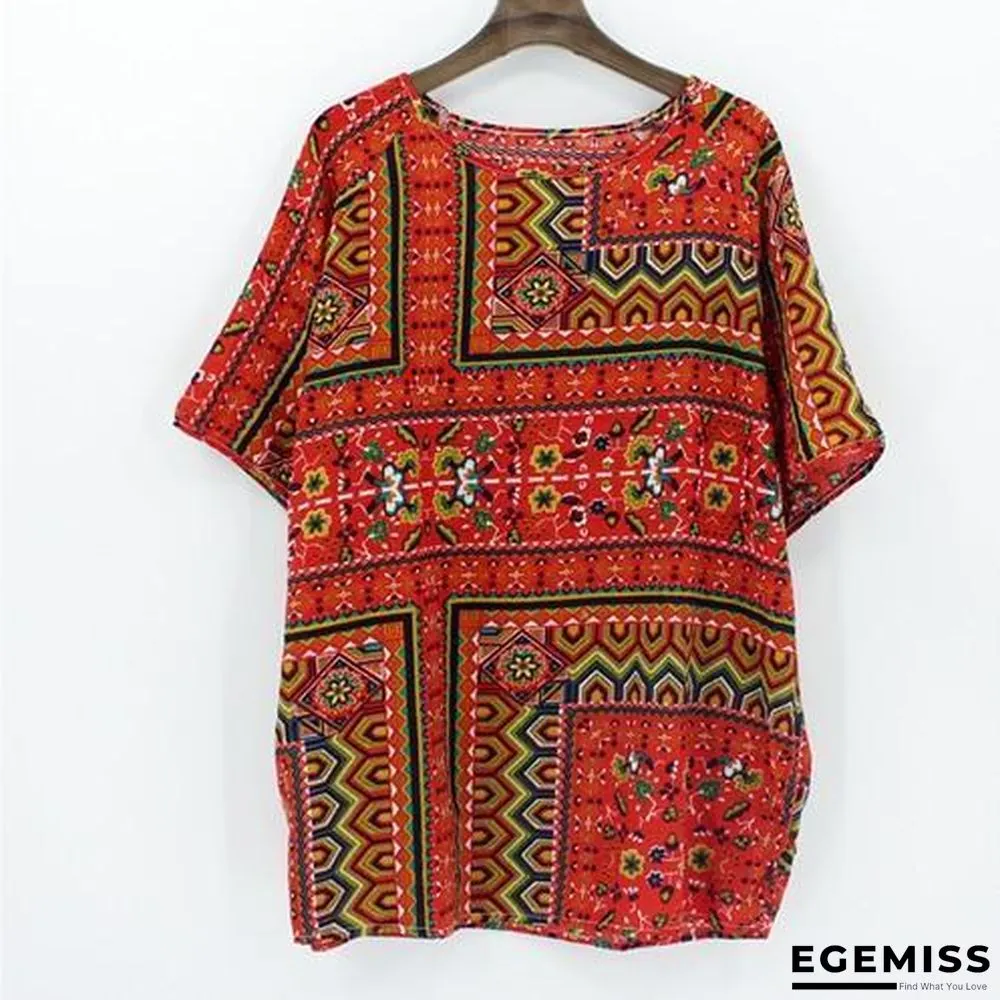 4XL Plus Size Women Batwing Casual Tops Tees Floral Print Cotton Linen Blouses | EGEMISS