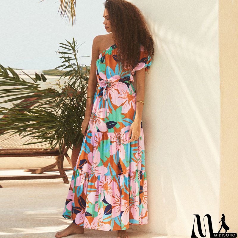 MidiSono - Women Spring Summer Vacation Slant Shoulder Boho Tiny Flower Causual Maxi Dress