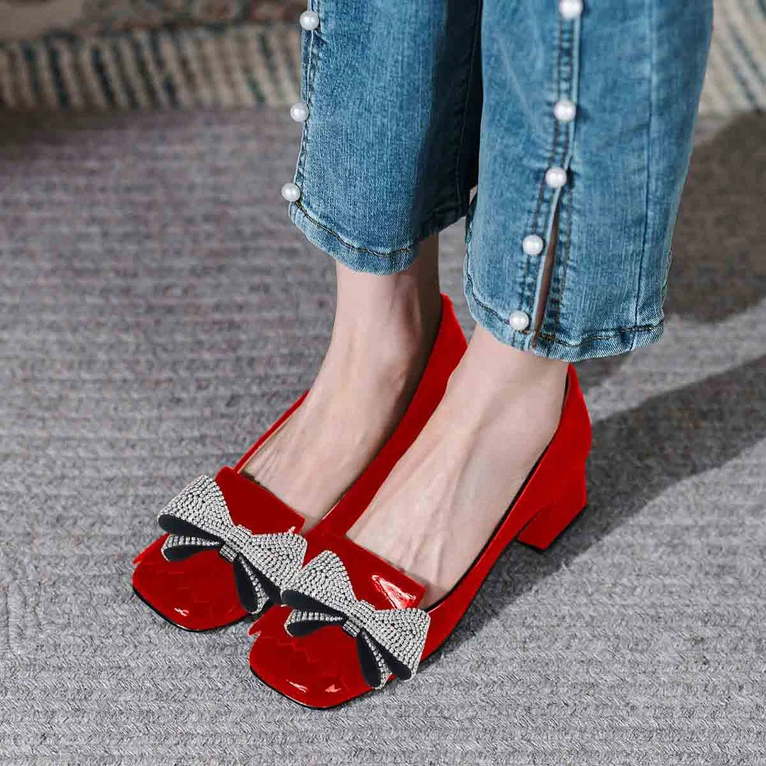 Red Square Toe Fringe Chunky Heel Rhinestone Bow Pumps Shoes