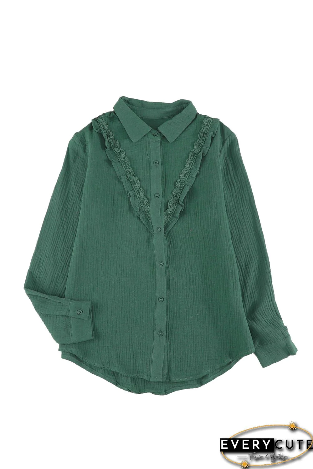 Green Ruffles Crinkled Long Sleeve Shirt