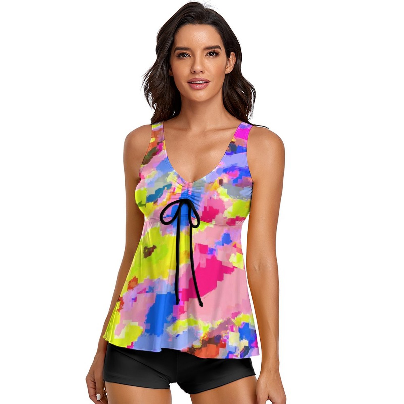 Women's Watercolour Two Piece Tankini Tummy Control Flowy Swimwear - Rainbow