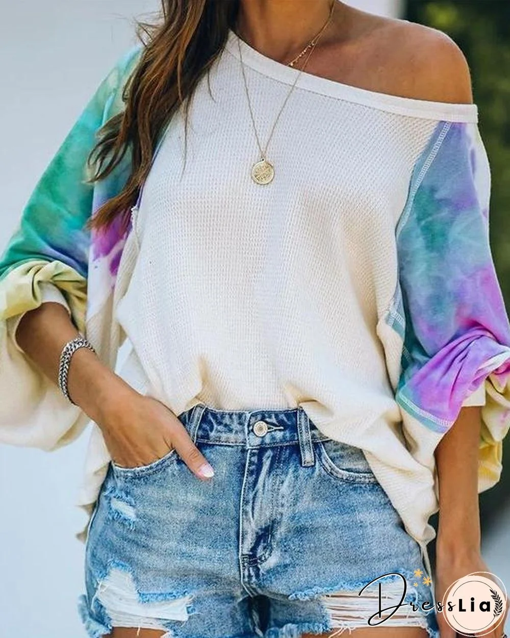 Women Tie Dye Slash Neck Balloon Long Sleeve T-Shirts
