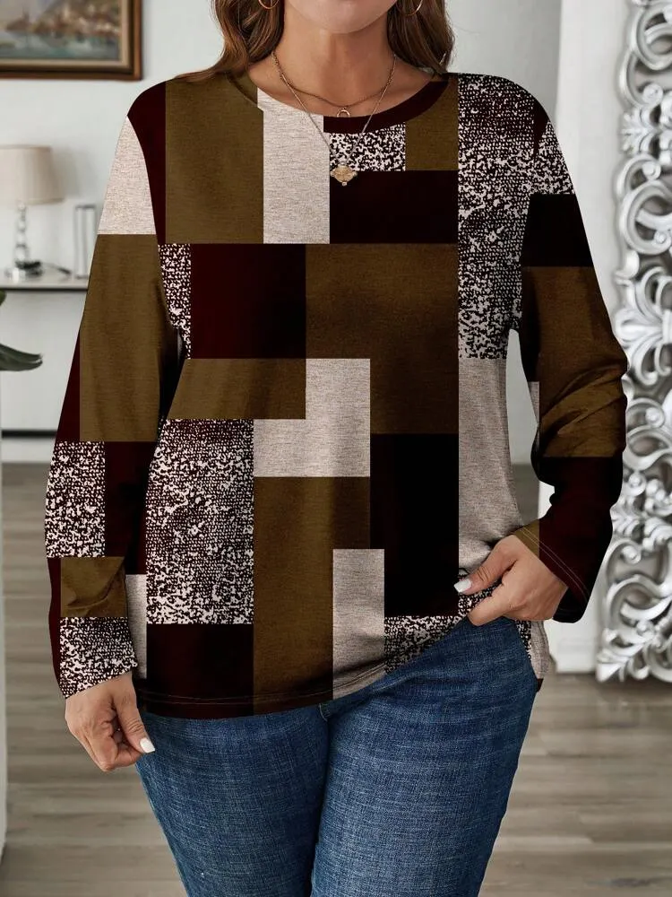 Plus Size Womens Vintage Casual Color Block Print Round-neck Long Sleeve T-Shirt Autumn