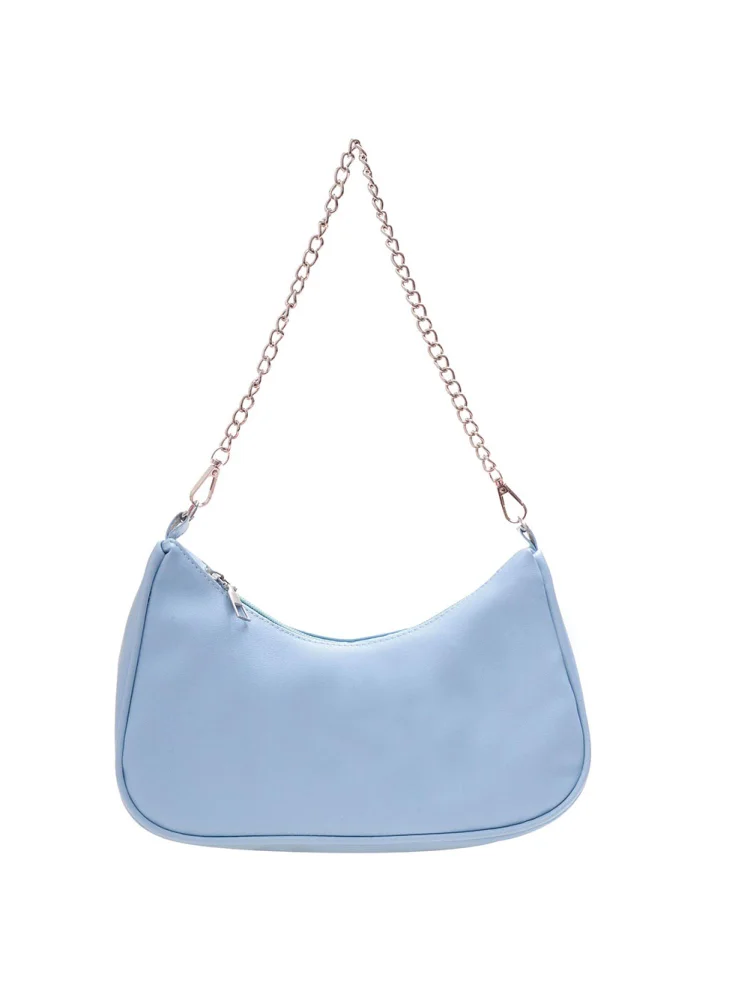 Fashion Women PU Solid Color Underarm Shoulder Bag Chain Handbag (Blue)