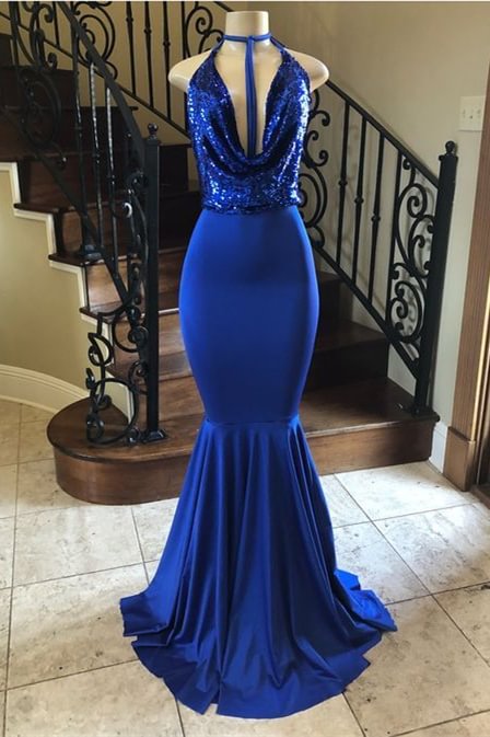 Blue Royal V-Neck Mermaid Long Evening Dress| Ballbellas Ballbellas