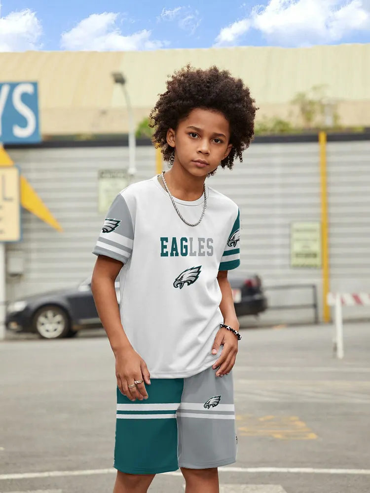 Philadelphia Eagles New Design Kids（5-14Y)' Casual Crew Neck T-shirt And Drawstring Shorts  2pcs/Set