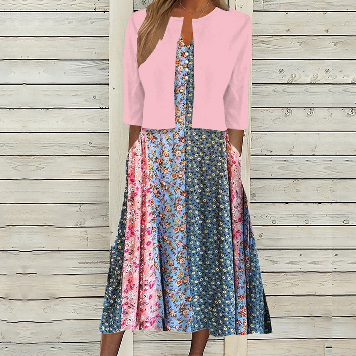 Pink Side Pocket Midi Dress With Jacket