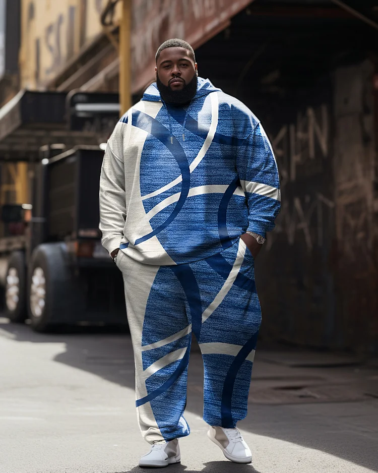 Men's Plus Size Casual Hip Hop Blue Graphic Hoodie Two-Piece Set