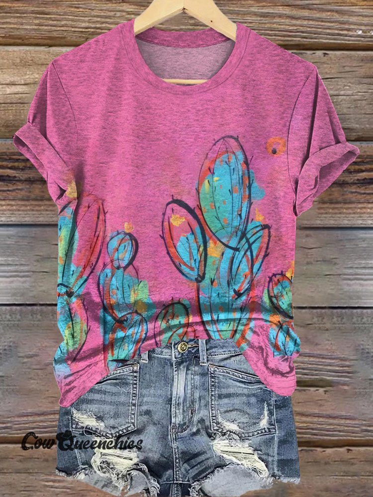 Pink Cactus Simple Graffiti Print Casual T-shirt Pink / S