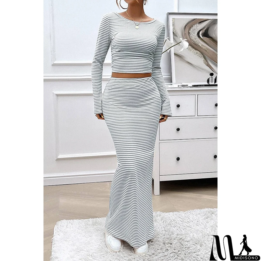 MidiSono - Striped Knitted Crop Top Wrap Hip Long Skirt Set