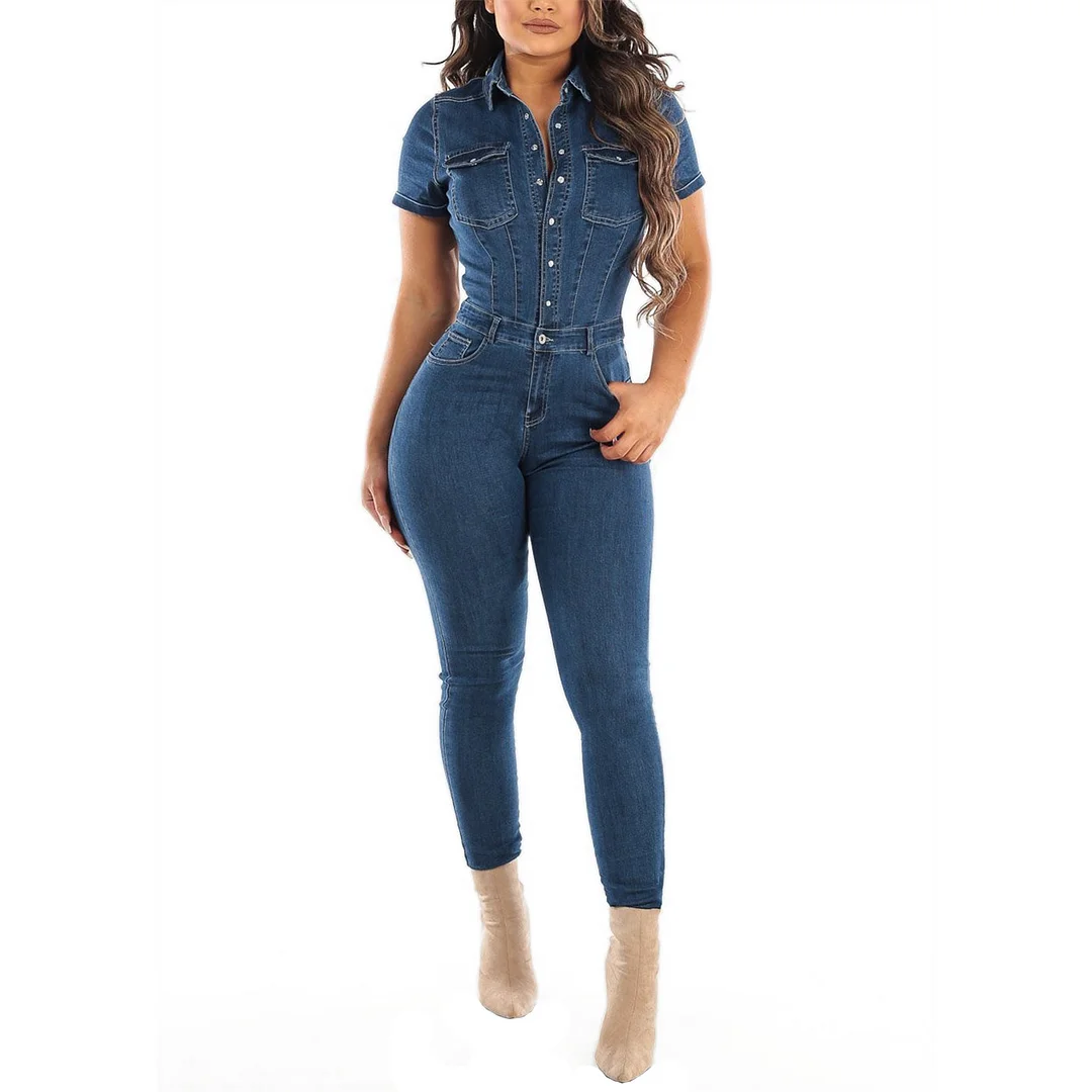 Women's Short Sleeve Denim Jumpsuit One Piece Overall