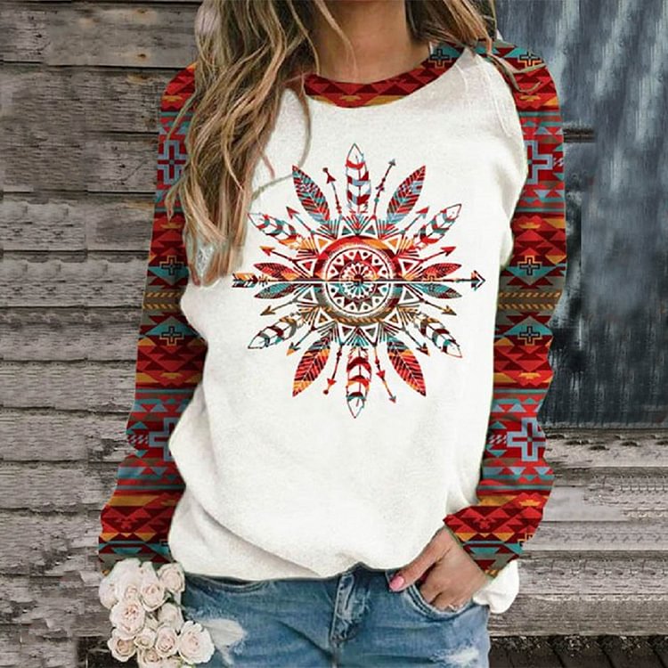 Artwishers Western Print Long Sleeve Round Neck Sweatshirt