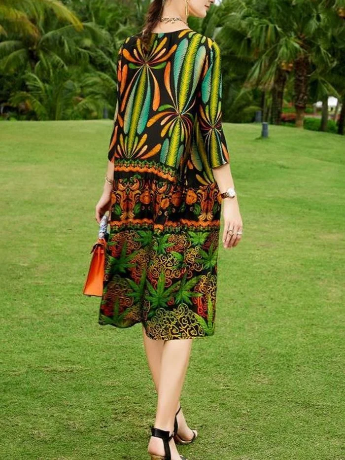 Mulberry Silk Three-quarter Sleeves Printed Silk-like A-line Dress