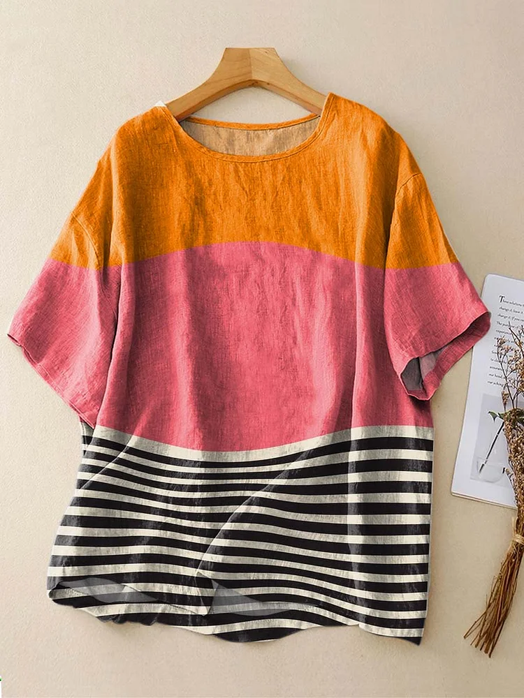 Women's Abstract Line Pattern Art Print Casual Cotton Linen Crew Neck Shirt