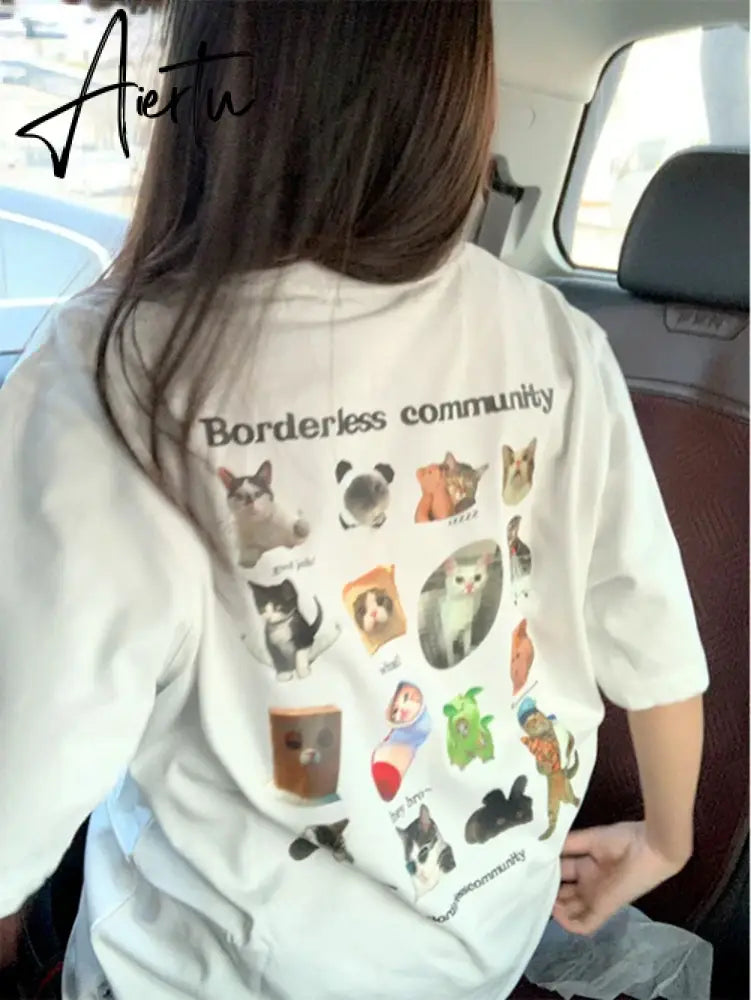 Aiertu  Y2k Aesthetic Summer White T-shirts Harajuku Short Sleeve Loose Oversize Tops Women Cartoon Letter Print All Match Casual Tees Aiertu