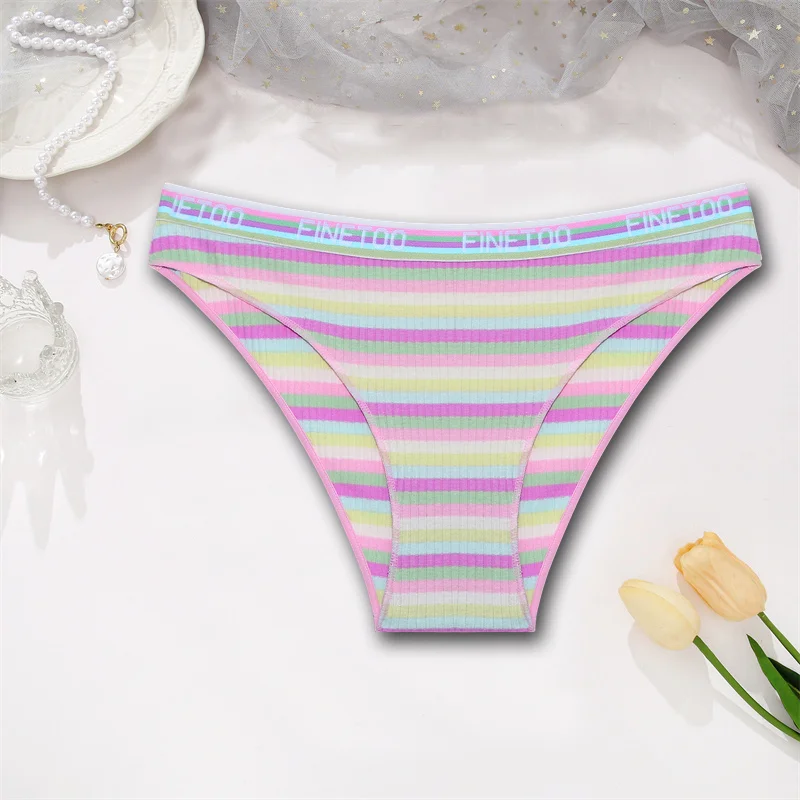 Billionm Women Sexy Cotton Panties Intimates Rainbow Color Striped Lingerie Low Waist Briefs Female Comfortable Soft Underwear