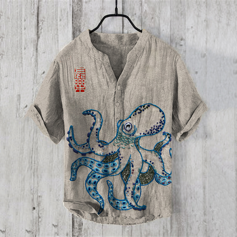 Comstylish Japanese Octopus Art Linen Blend Shirt