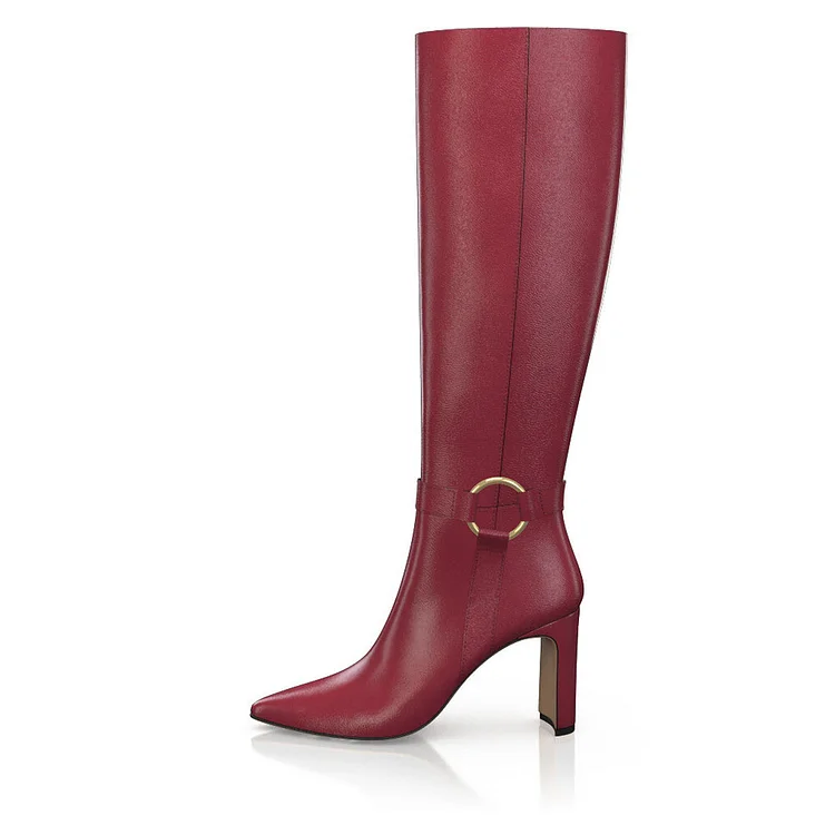 FSJ Burgundy Pointed Toe Heeled Knee High Boots with Ring Buckle |FSJ Shoes