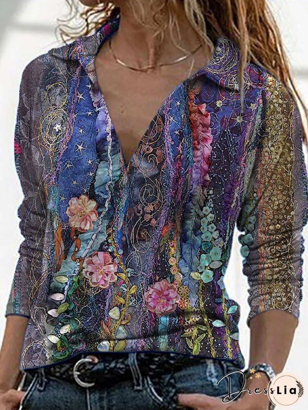 Floral-Print Shawl Collar Long Sleeve Floral Tops