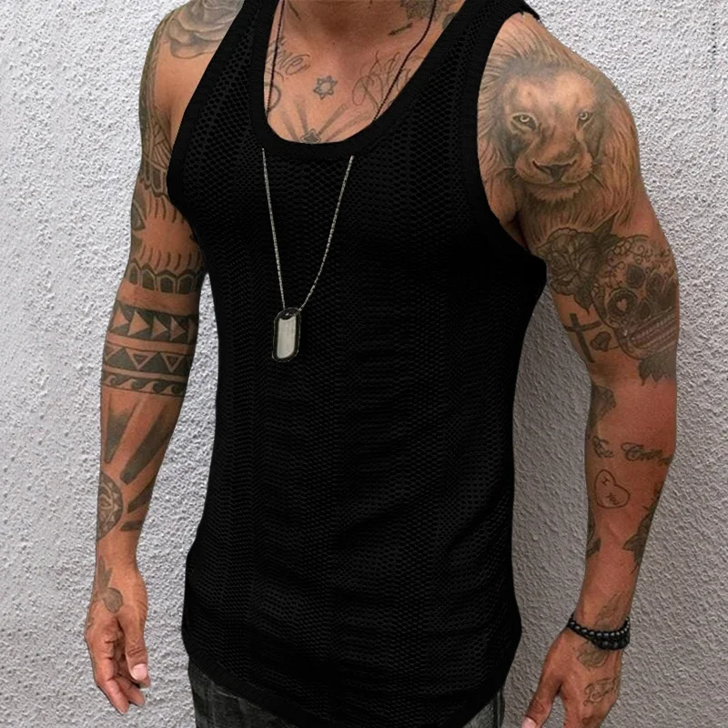 Uveng Uveng Men's Wear Summer Thin Sleeveless Men's Vest White Mesh Hollow Sports Top SY0023