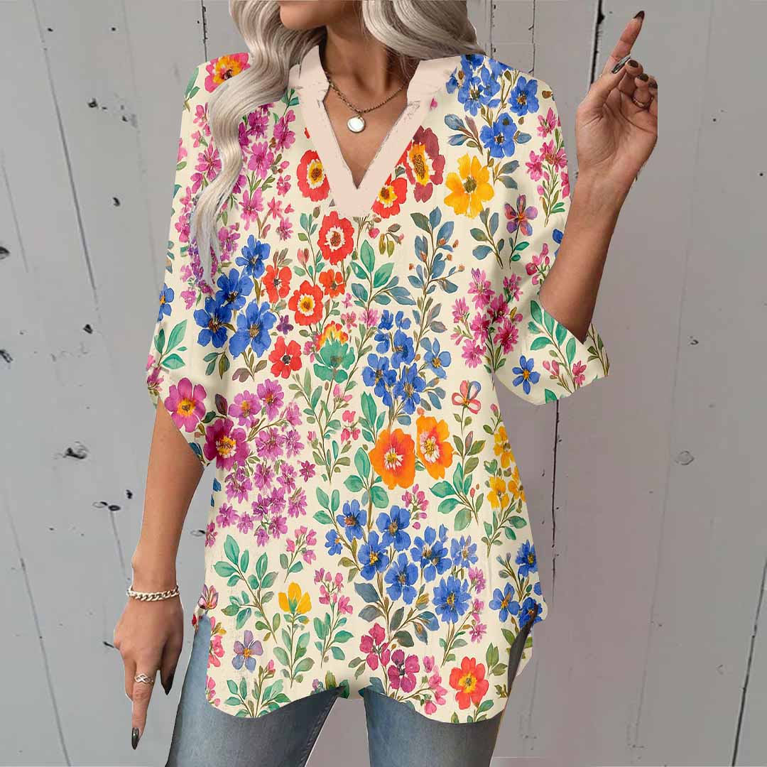 Women Floral, Colorful, Blue, Red DZGA0130 3/4 Sleeve V-neck Printed Graphic Button Tops