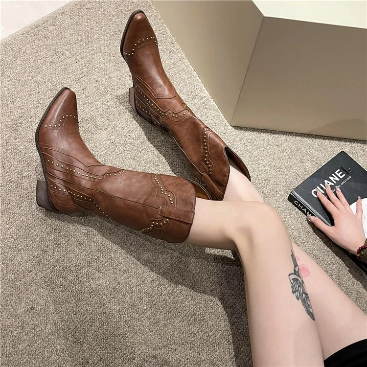 Yyvonne 2025 New Retro Rivet Western Cowboy Boots Female Riders British Wind Side Thick And High Boots