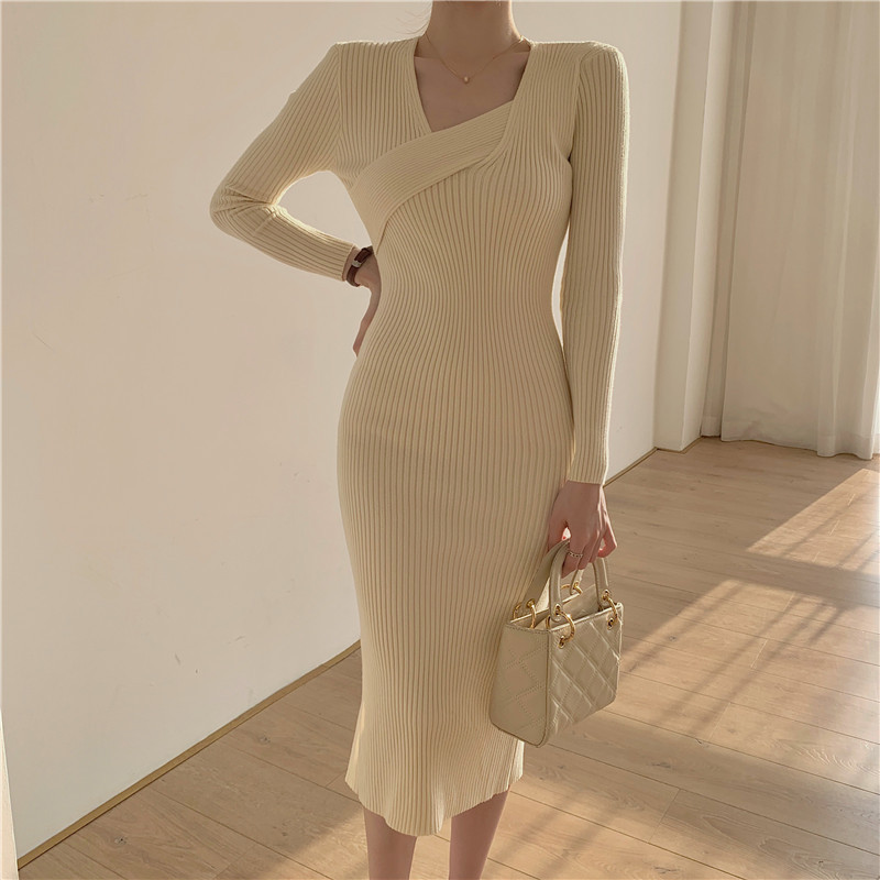 Elegant Split A-line Women Knitted Solid O-Neck Bodycon Dress