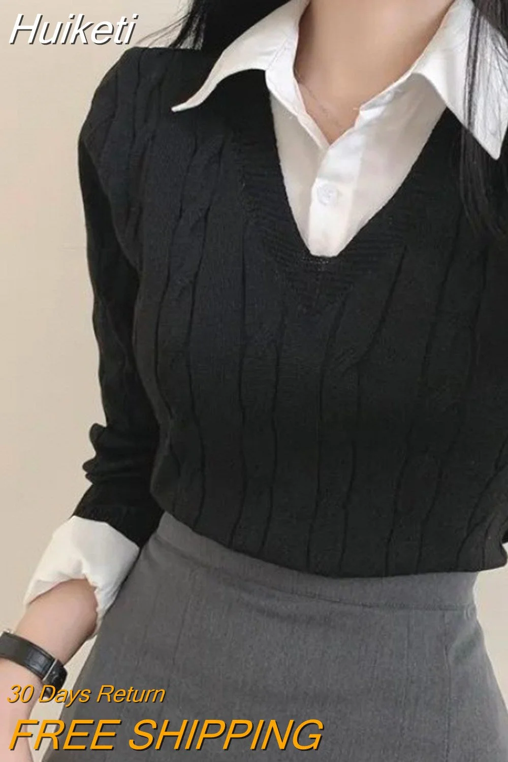 Huiketi Knitted Sweater Women Korean Fashion Fake Two Pieces Pullover Preppy Style Long Sleeve Top Ladies Elegant Patchwork Shirt