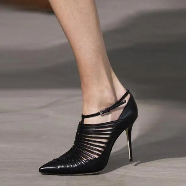 VCSHOES Top Women Solid Green Black White Suede/Leather Pointed Toe Cuts Out Thin Heels Buckle Strap High Heels Party Pumps