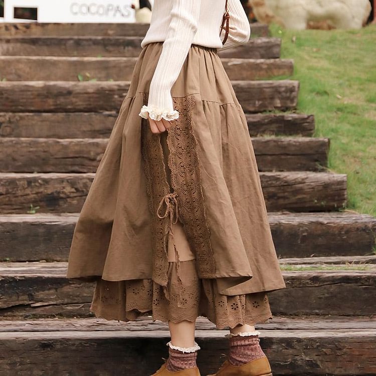 Queenfunky cottagecore style Linen Lace Patchwork Skirt With Lace Hem QueenFunky