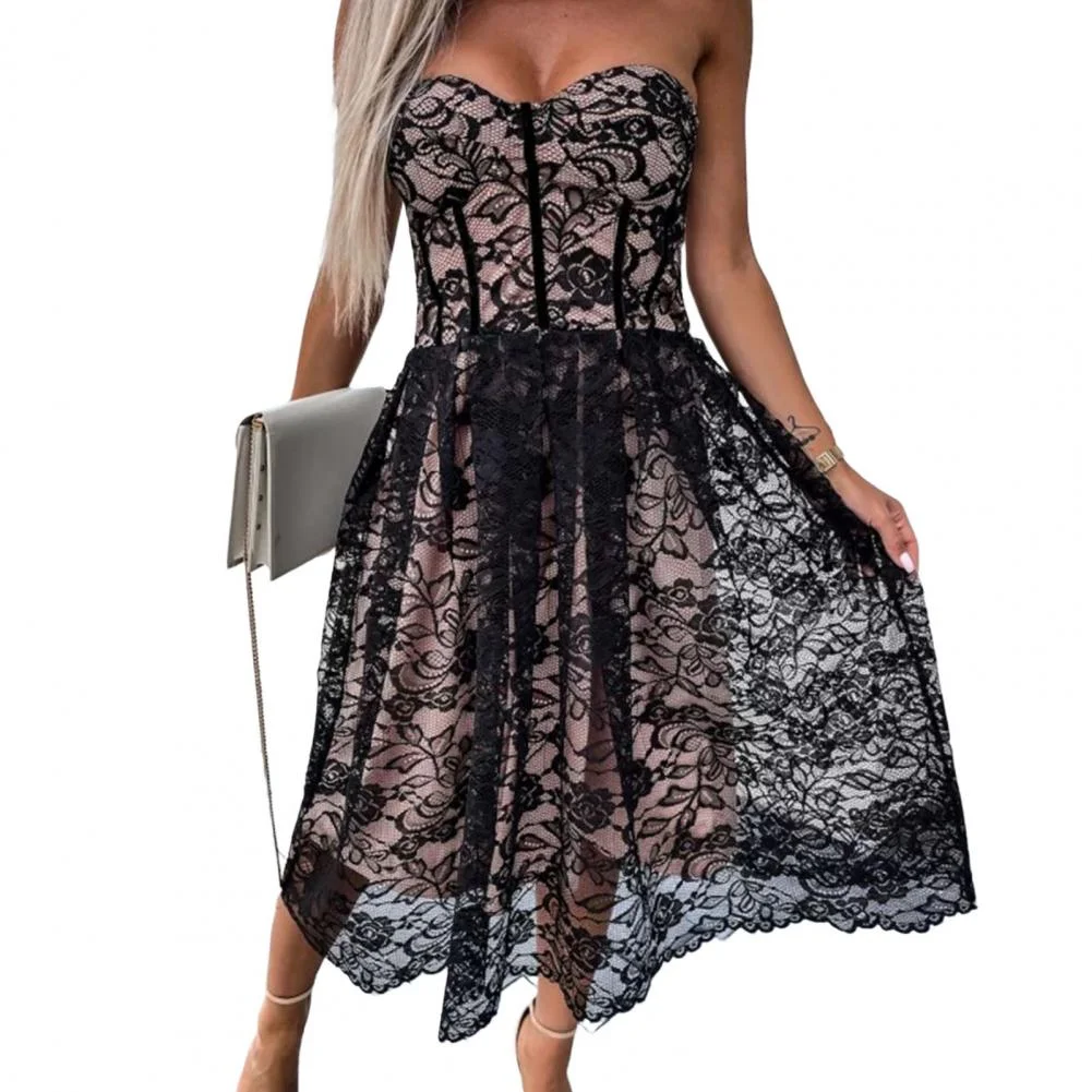 Women Wedding Dress Strapless Off Shoulder Attractive Dress Party  Tube Top See-Through Lace Mesh Long Dress Birthday Gift