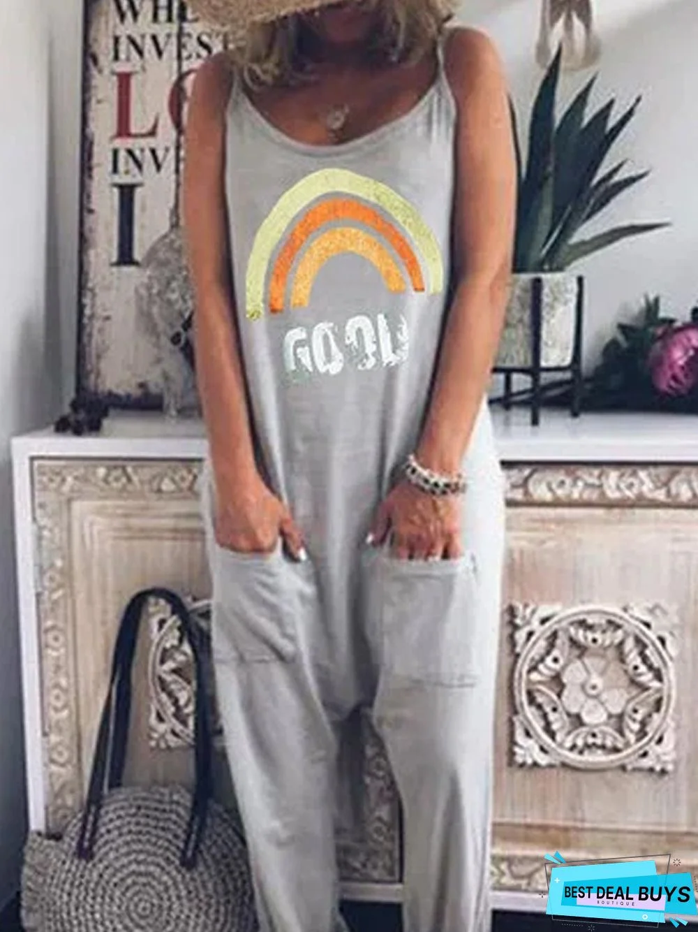 Light Gray Cotton Sleeveless Casual Jumpsuit & Romper