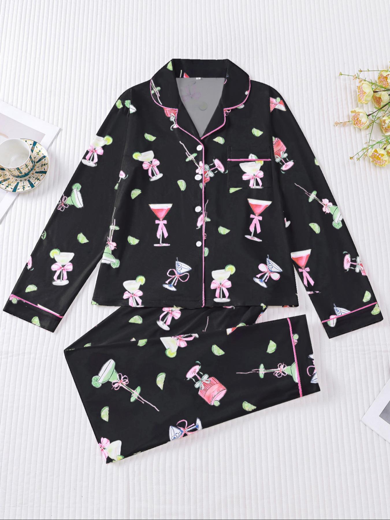 Women's Casual Pajama Set, Long Sleeve Button Front Shirt & Elastic Pants, Comfortable All-Season Sleepwear, Fashion Home Wear Loungewear