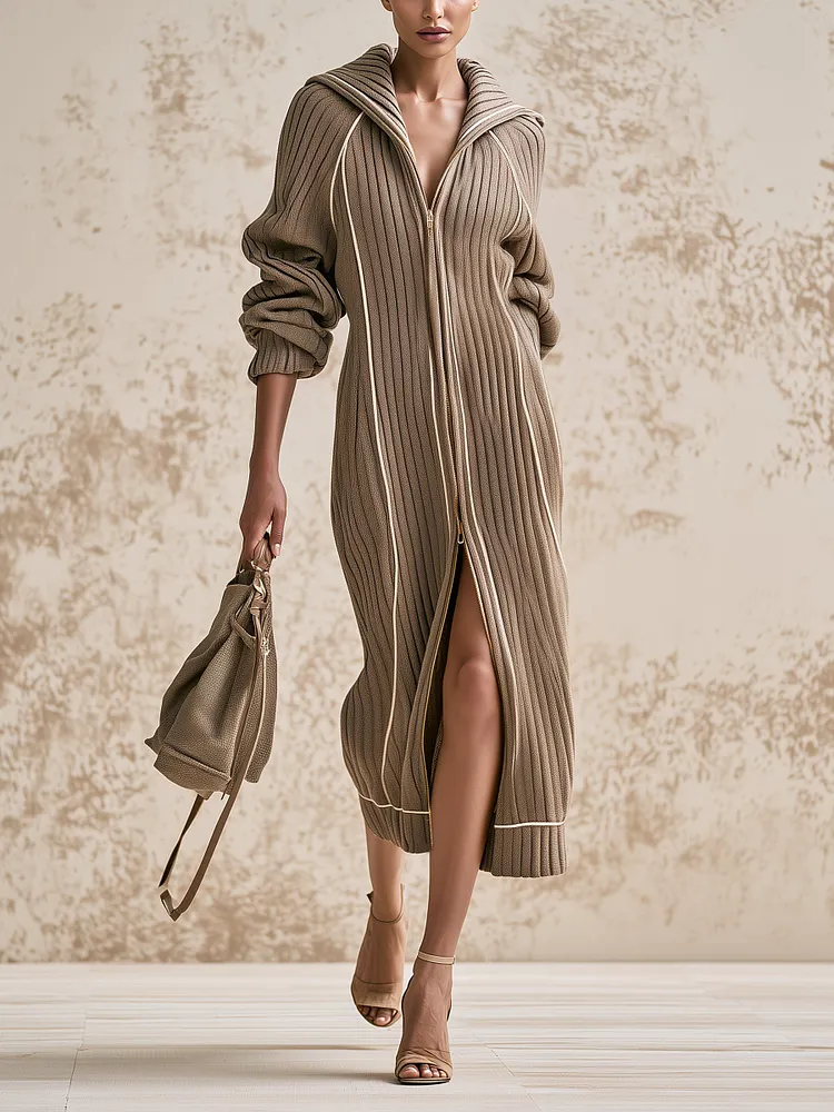 Women's Ribbed Knit Hooded Long Cardigan Coat &ndash; Elegant Zip-Up Oversized Sweater