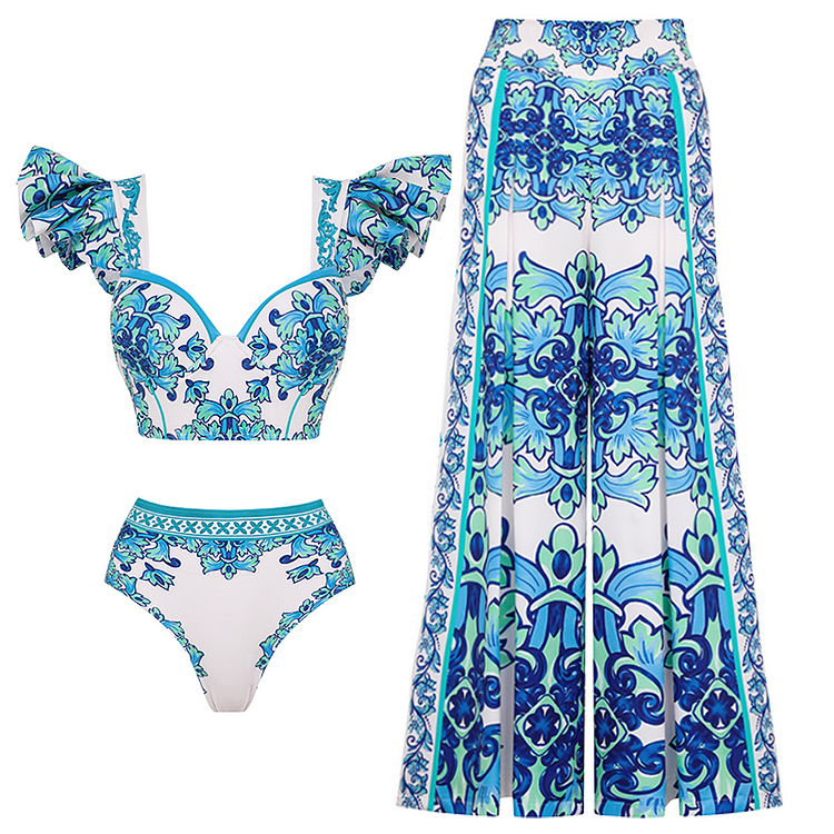 Ruffle Majolica Print Bikini Swimsuit and Sarong or Pants