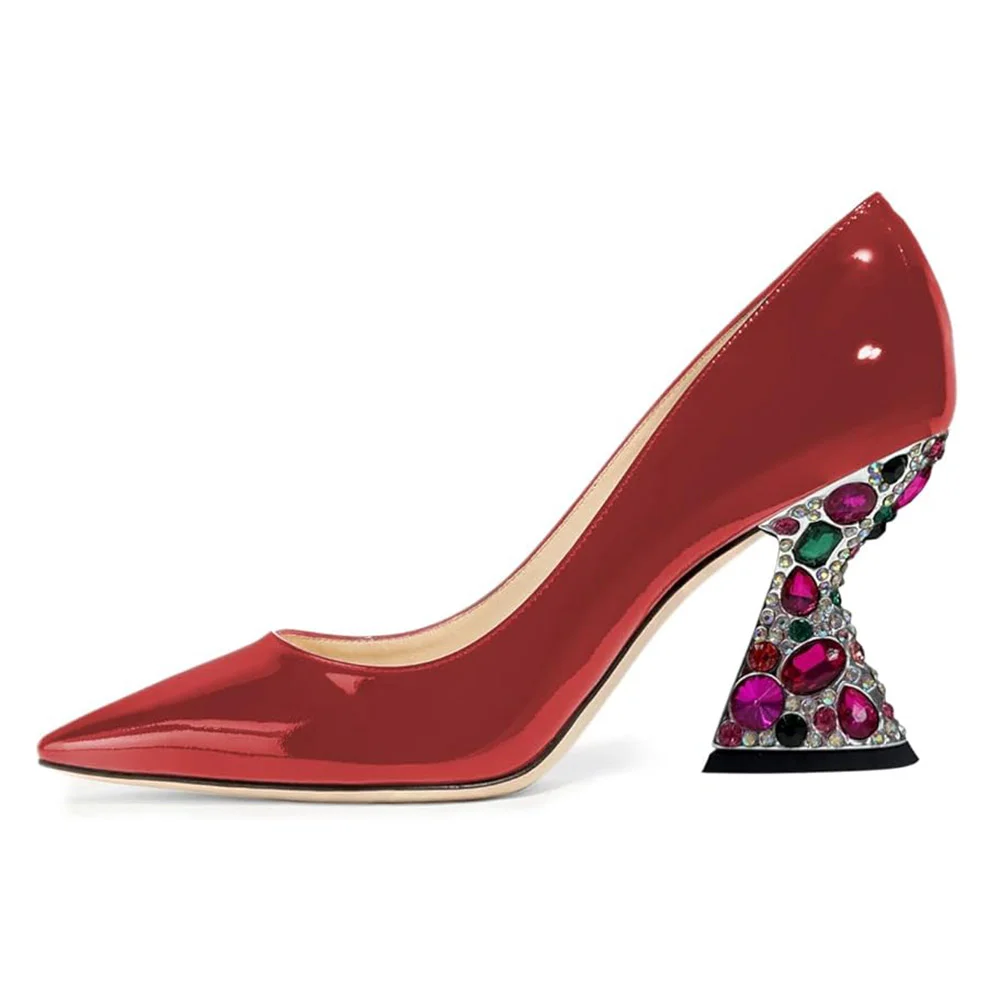 Patent Leather Pointed Toe Rhinestone Embellished Heel Pumps in Red
