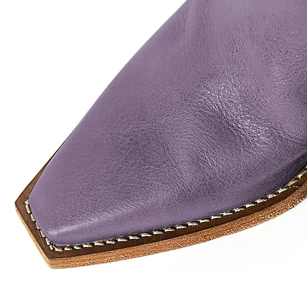 Purple Vegan Leather Snip Toe Back-Zip Side Loops Ankle Boots