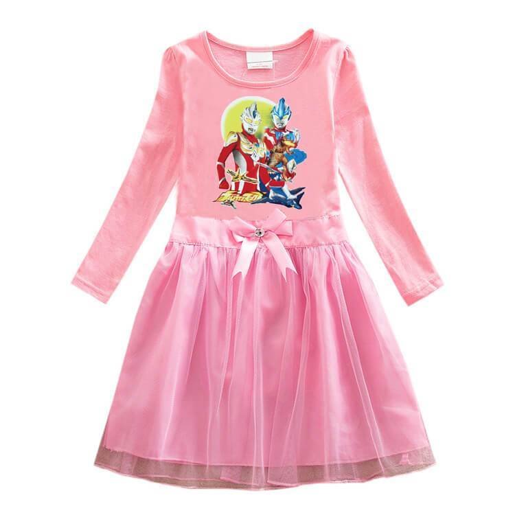 Girls Ultraman And Monster Print Cotton Long Sleeve Bow Tulle Dress-Mayoulove