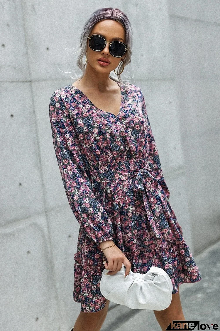 Floral Print Tie Waist Surplice Neck Mini Dress