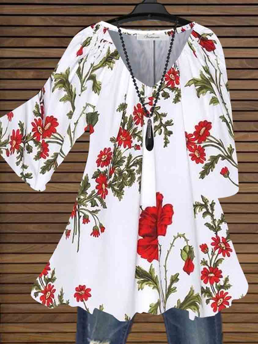 Women Long Sleeve V-neck Graphic Floral Printed Top