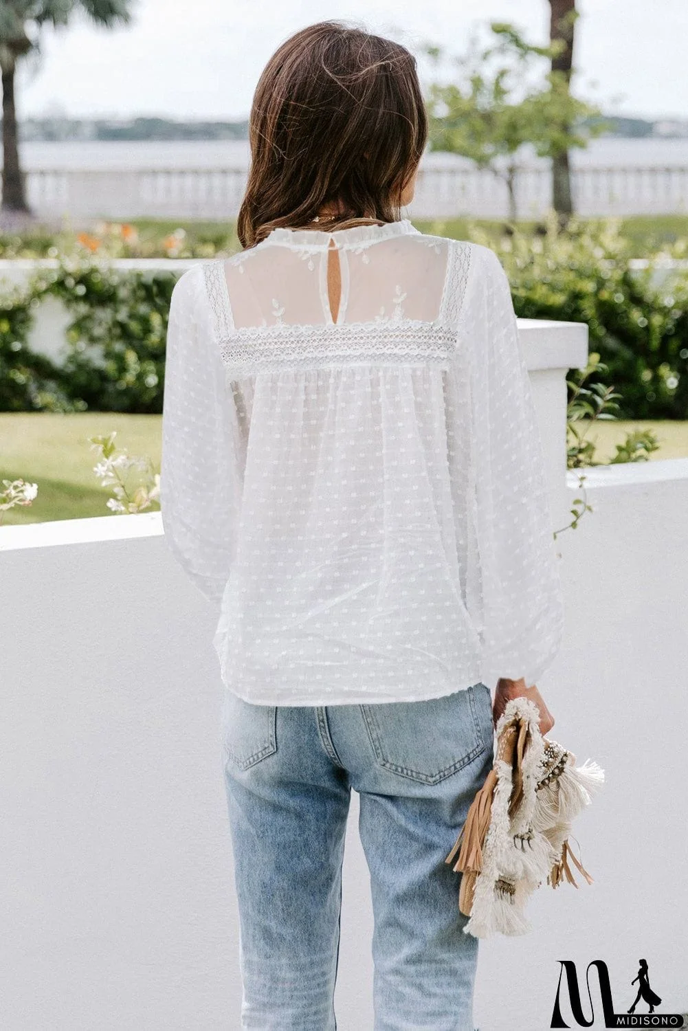 MidiSono - Frill Neck Swiss Dot Puff Sleeve Blouse