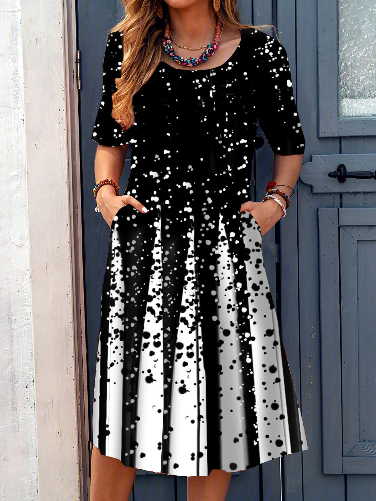 Women Casual Short Sleeve Scoop Neck Colorblock Printed Midi Dress